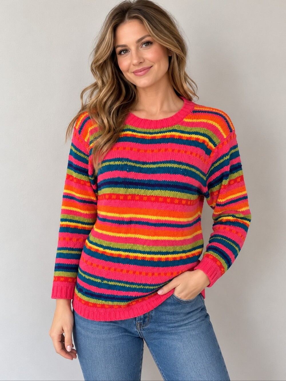 Vtg MARIE Y 1980s Colorful Rainbow Striped Loose Knit Sweater